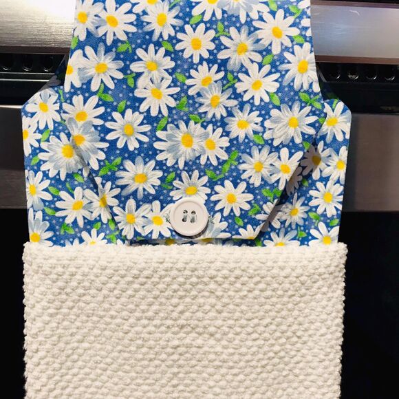 Hanging Kitchen Tea Towel, Button Closure, Cabinet Oven Towel Blue Daisy - Picture 2 of 9